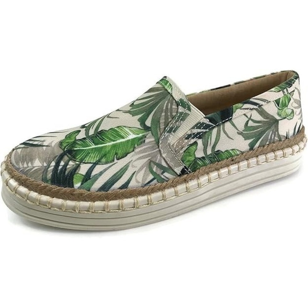 Women Slip on Espadrille Platform Loafers Green Multi Leaf Print Flats Size 8